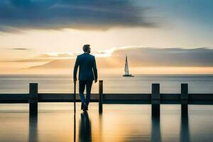 une homme dans une costume des stands sur une Dock à la recherche en dehors à le océan. généré par ai photo