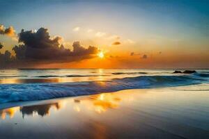 le Soleil ensembles plus de le océan et vagues sur une plage. généré par ai photo