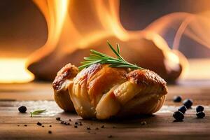 une pièce de poulet sur une en bois table avec une flamme dans le Contexte. généré par ai photo