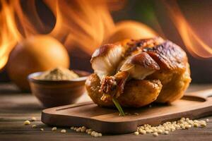 une poulet est séance sur une Coupe planche avec épices. généré par ai photo