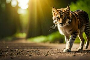 une tigre en marchant sur une saleté route dans le les bois. généré par ai photo