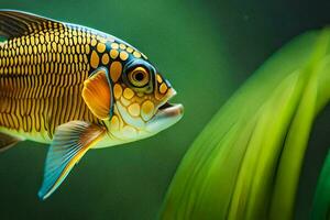 une poisson avec une Jaune et noir corps est nager dans le l'eau. généré par ai photo