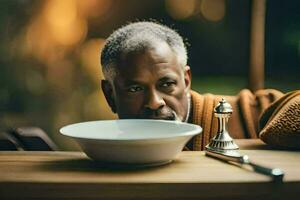 un plus âgée homme séance à une table avec une bol de soupe. généré par ai photo