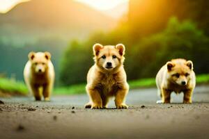 Trois chiots en marchant sur une route dans le le coucher du soleil. généré par ai photo