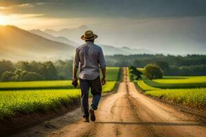 homme en marchant sur saleté route dans rural zone avec Soleil paramètre. généré par ai photo