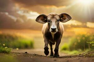une vache en marchant sur une saleté route avec le Soleil dans le Contexte. généré par ai photo