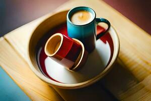 deux café tasses sur une en bois tableau. généré par ai photo