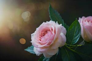 deux rose des roses sont montré dans de face de une Soleil. généré par ai photo