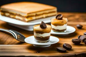 le dessert est servi sur une en bois planche avec Chocolat puces. généré par ai photo