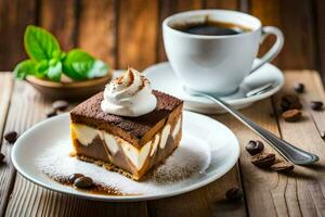 café et dessert sur une en bois tableau. généré par ai photo