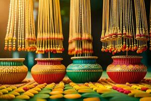 coloré des pots et cordes pendaison de une plafond. généré par ai photo