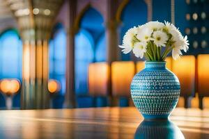une bleu vase avec blanc fleurs séance sur une tableau. généré par ai photo