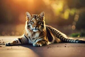 une tigre pose sur le sol dans le Soleil. généré par ai photo