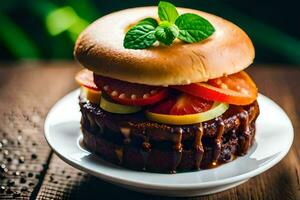 une Hamburger avec tomates et fromage sur une blanc plaque. généré par ai photo