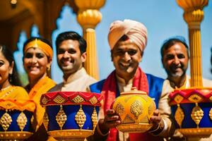 une groupe de gens dans Indien tenue en portant marmites. généré par ai photo