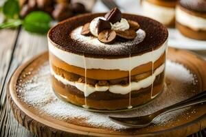 une dessert avec Chocolat et crème sur Haut. généré par ai photo