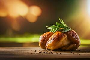 une poulet avec Romarin brins sur une en bois tableau. généré par ai photo