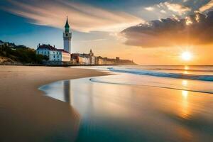 le Soleil est réglage plus de une plage et une la tour. généré par ai photo