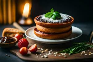 une empiler de Crêpes avec des fraises et herbes. généré par ai photo