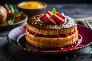 une gâteau avec des fraises et Chocolat sur Haut. généré par ai photo