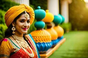 une magnifique Indien la mariée dans traditionnel tenue. généré par ai photo