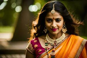 une magnifique Indien femme dans un Orange sari. généré par ai photo