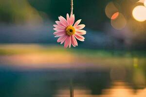 une rose fleur pendaison de une corde plus de l'eau. généré par ai photo