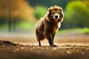 une Lion en marchant sur une saleté route dans le forêt. généré par ai photo