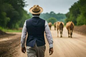 une homme dans une chapeau et gilet en marchant vers le bas une saleté route avec vaches. généré par ai photo