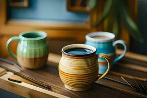 Trois café tasses sur une en bois tableau. généré par ai photo