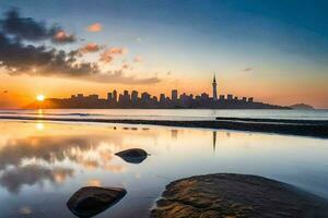 le ville horizon est réfléchi dans le l'eau. généré par ai photo