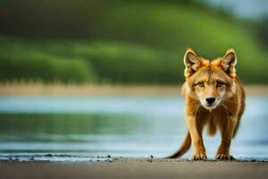 une rouge chien en marchant le long de le rive de une lac. généré par ai photo