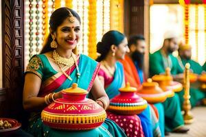 une femme dans une sari est en portant une pot. généré par ai photo