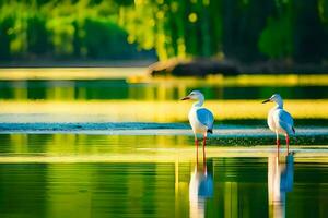 deux blanc des oiseaux permanent sur le l'eau dans une lac. généré par ai photo