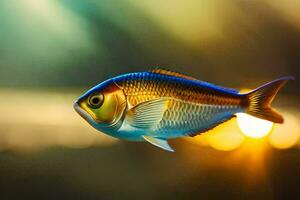 une poisson nager dans le l'eau avec une brillant lumière. généré par ai photo