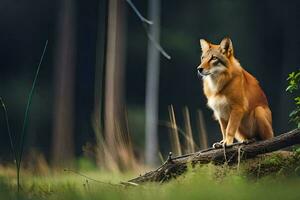 une rouge Renard séance sur une Journal dans le les bois. généré par ai photo