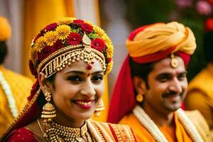 une la mariée et jeune marié dans traditionnel Indien tenue. généré par ai photo