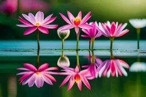 quatre rose lotus fleurs sont réfléchi dans le l'eau. généré par ai photo