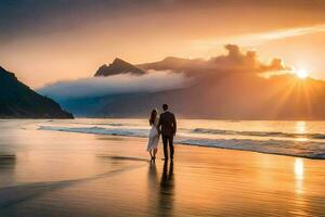 une couple en marchant sur le plage à le coucher du soleil. généré par ai photo