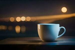 une café tasse est assis sur une table dans de face de une ville à nuit. généré par ai photo