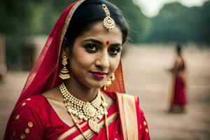 une magnifique Indien femme dans une rouge sari. généré par ai photo