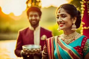 une magnifique Indien mariage dans le le coucher du soleil. généré par ai photo