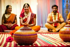 Indien mariage la cérémonie avec la mariée et jeune marié. généré par ai photo