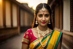 une magnifique Jeune femme dans une Jaune sari. généré par ai photo