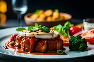 une assiette avec Viande, des légumes et une verre de du vin. généré par ai photo