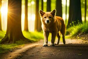 une chien en marchant sur une chemin dans le les bois. généré par ai photo