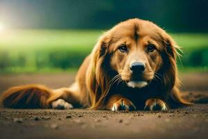 une chien pose sur le sol dans le saleté. généré par ai photo