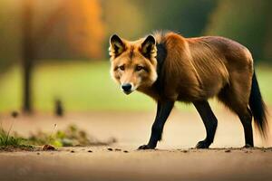 une rouge Renard est en marchant sur le route. généré par ai photo