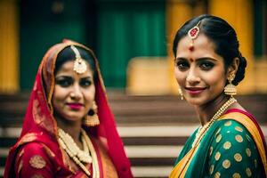deux femmes dans traditionnel Indien tenue pose pour le caméra. généré par ai photo