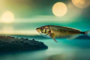 une poisson est nager dans le l'eau avec une bokeh Contexte. généré par ai photo